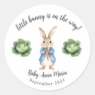 Pegatina Redonda Watercolor Peter Rabbit Garden Cabbage Baby Shower