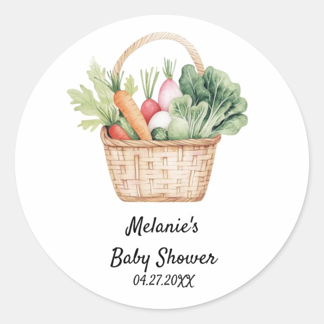 Pegatina Redonda Watercolor Peter Rabbit Veggie Basket Baby Shower (Anverso)