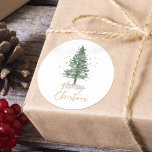 Pegatina Redonda Watercolor Pine Christmas Tree Gold<br><div class="desc">Añada el toque final a su correo de vacaciones,  regalos y más con estos pegatinas de Feliz Navidad con un pino Navidad de color de agua decorado con estrellas doradas y rociadas.</div>