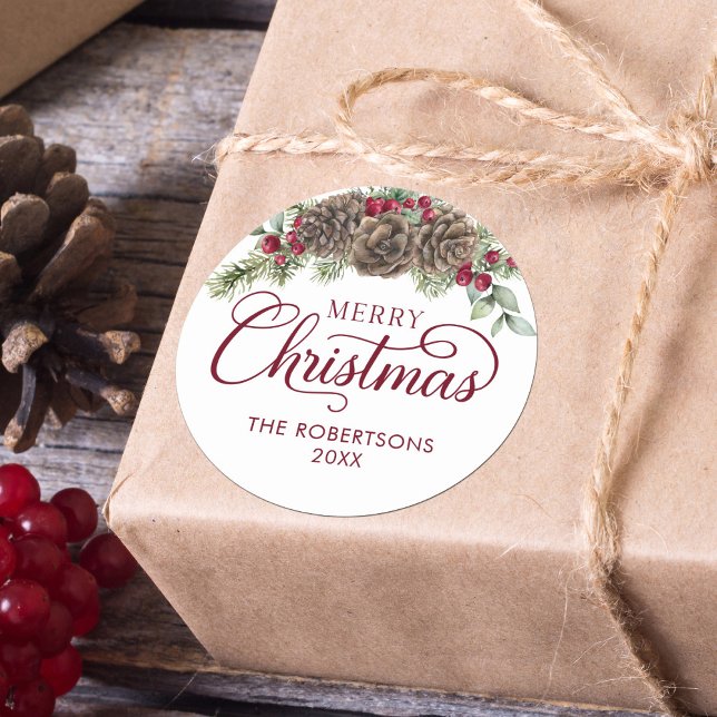 Pegatina Redonda Watercolor Pine Cone Script Feliz Navidad (Subido por el creador)