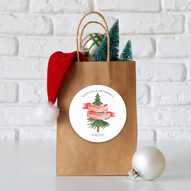 Pegatina Redonda Watercolor Pine Tree Merry Little Baby Shower (Subido por el creador)