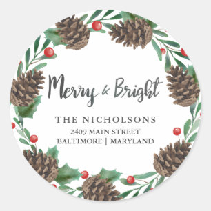 Pegatina Redonda Watercolor Pinecone Wreath Holiday Return