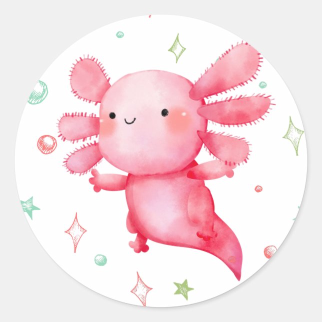 Pegatina Redonda Watercolor Pink Axolotl Birthday Party (Anverso)