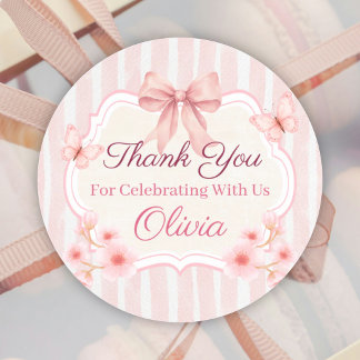 Pegatina Redonda Watercolor Pink Bow, Flowers & Butterfly Birthday