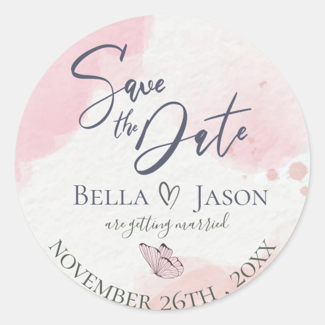 Pegatina Redonda Watercolor Pink Butterfly Wedding Save The Date (Anverso)