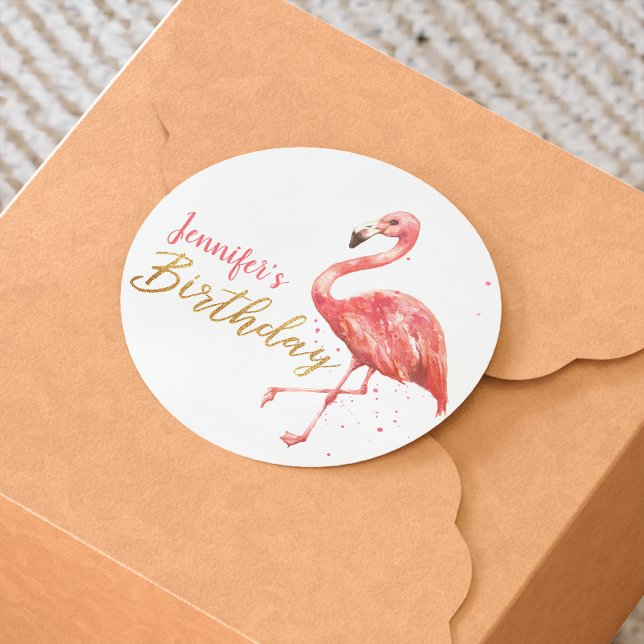 Pegatina Redonda Watercolor Pink Flamingo Gold Birday | (Subido por el creador)