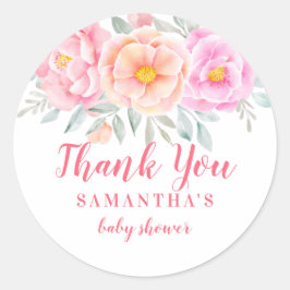 Pegatina Redonda Watercolor Pink Floral Baby Shower Gracias