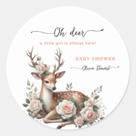 Pegatina Redonda Watercolor Pink Floral oh deer baby shower 