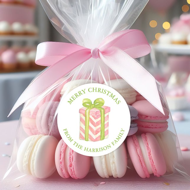 Pegatina Redonda Watercolor Pink & Green Christmas Gift (Subido por el creador)