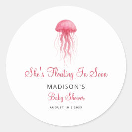Pegatina Redonda Watercolor Pink Jellyfish Girl Baby Shower Favor
