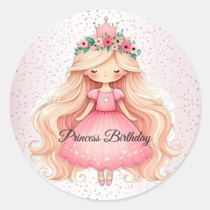 Pegatina Redonda Watercolor Pink Princess Birday Party Cute