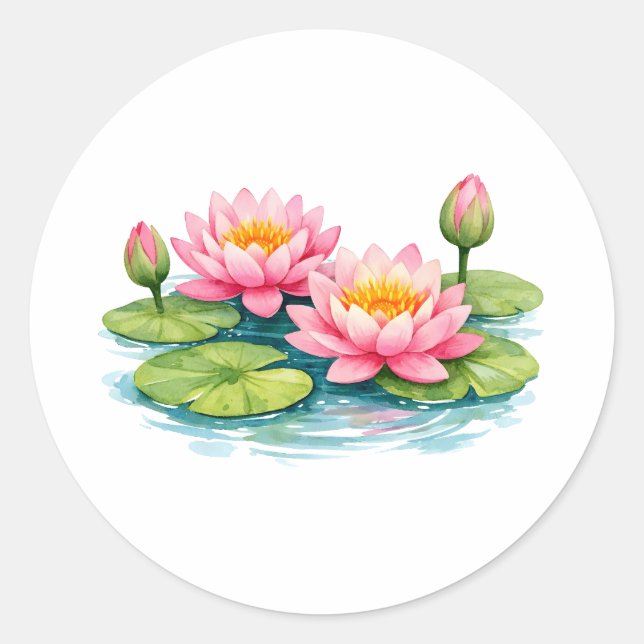 Pegatina Redonda Watercolor Pink Water Lilies and Lily Pads  (Anverso)