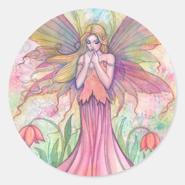 Pegatina Redonda Watercolor PInk Wildflower Fairy Fantasy Art (Anverso)