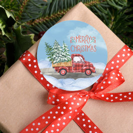 Pegatina Redonda Watercolor Plaid Red Truck Nieve Feliz Navidad