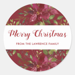 Pegatina Redonda Watercolor Poinsettia Feliz Navidad