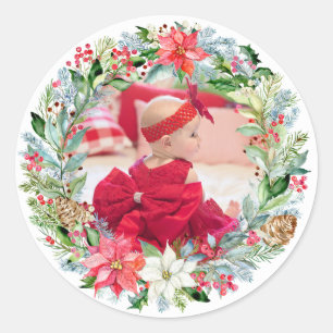 Pegatina Redonda Watercolor Poinsettia Navidades Wreath Photo