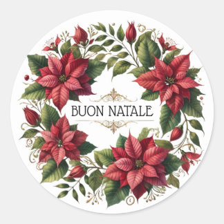Pegatina Redonda Watercolor Poinsettias "Buon Natale" Italiano