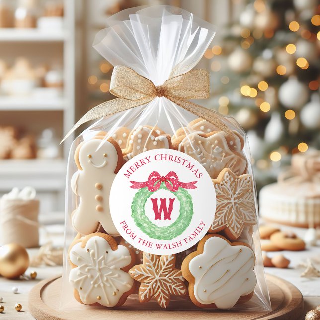 Pegatina Redonda Watercolor Polka Dot Bow Monogram Wreath (Subido por el creador)