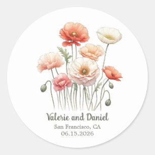 Pegatina Redonda Watercolor Poppy Flores Bonito Boda personalizada
