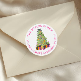 Pegatina Redonda Watercolor Preppy Bright Christmas Tree Address