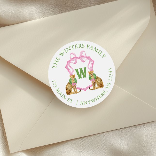 Pegatina Redonda Watercolor Preppy Leopard Monogram Crest (Subido por el creador)