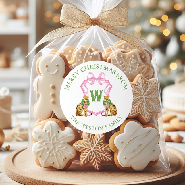 Pegatina Redonda Watercolor Preppy Leopard Monogram Crest (Subido por el creador)