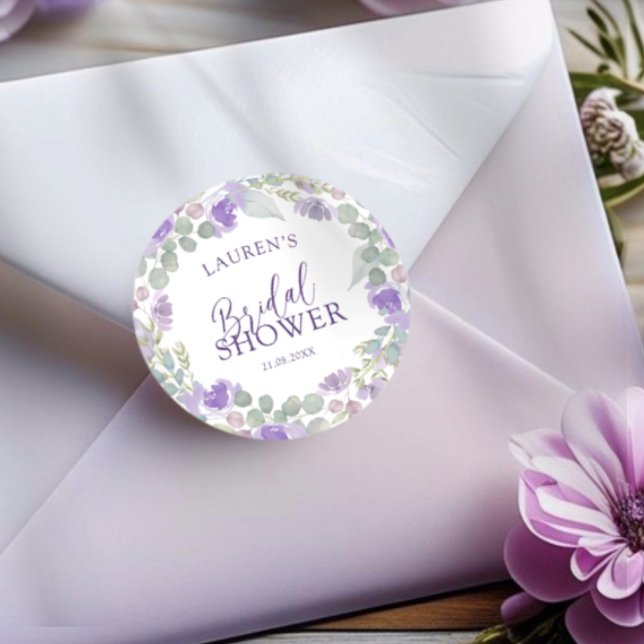 Pegatina Redonda Watercolor Purple Floral Bridal Shower (Subido por el creador)