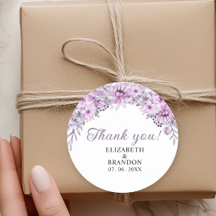 Pegatina Redonda Watercolor Purple Flowers Wedding Celebration