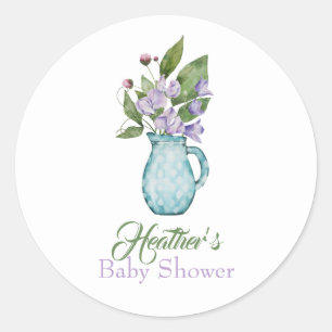 Pegatina Redonda Watercolor Púrpura Dulce Flores de Pea Baby Shower