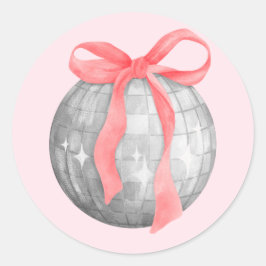 Pegatina Redonda Watercolor Red Pink Bow Silver Disco Ball