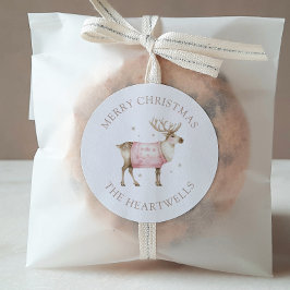 Pegatina Redonda Watercolor Reindeer Personalizado Feliz Navidad