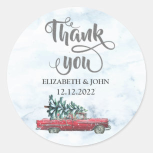 Pegatina Redonda Watercolor Retro Car Pine Tree Gracias