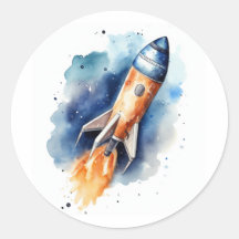 Watercolor Rocketship sobrevolando estrellas