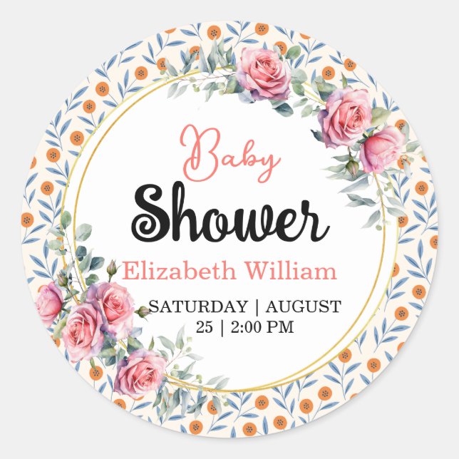 Pegatina Redonda Watercolor Roses & Eucalyptus Baby Shower (Anverso)