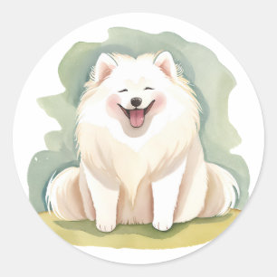 Pegatina Redonda Watercolor Samoyed Dog