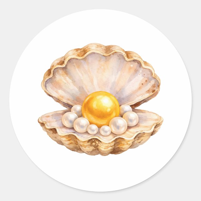 Pegatina Redonda Watercolor Seashell with Golden and White Pearls  (Anverso)