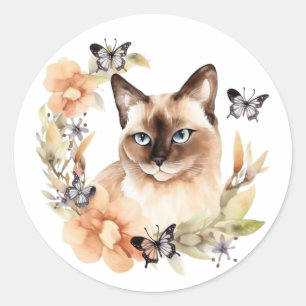 Pegatina Redonda Watercolor Siamese Cat
