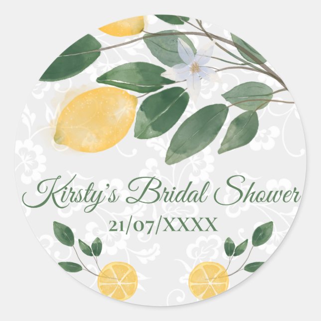 Pegatina Redonda Watercolor Siciliano Lemons Bridal Shower (Anverso)