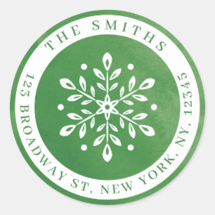 Pegatina Redonda Watercolor Snowflake Green Holiday Return Address