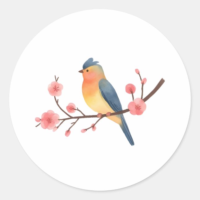 Pegatina Redonda Watercolor Songbird on Pink Cherry Blossom Branch  (Anverso)