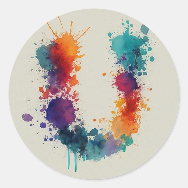 Pegatina Redonda Watercolor Splash U (Anverso)