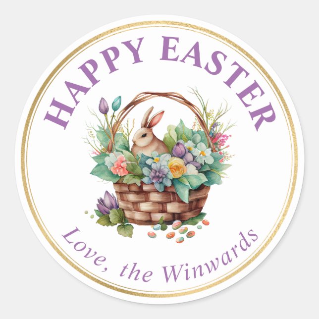 Pegatina Redonda Watercolor Spring Flowers Basket Happy Easter (Anverso)