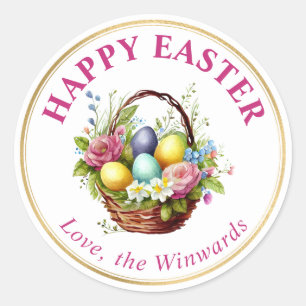 Pegatina Redonda Watercolor Spring Flowers Basket Happy Easter