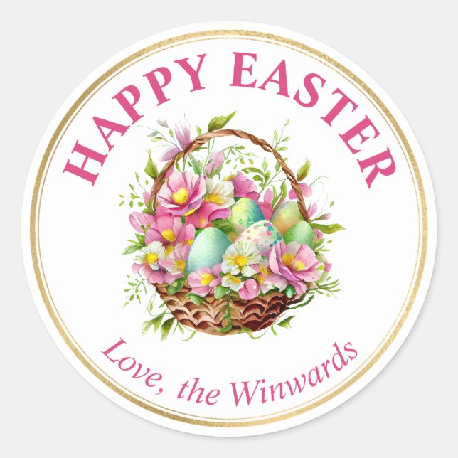Pegatina Redonda Watercolor Spring Flowers Basket Happy Easter (Anverso)