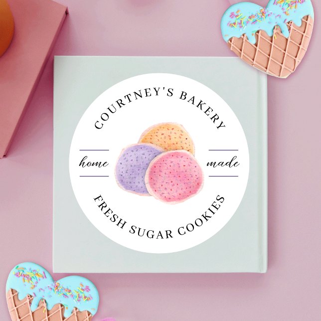 Pegatina Redonda Watercolor Sugar Cookies Confección de negocios (Feminine cookies labels with handpainted watercolor cookie art and space for your business name)