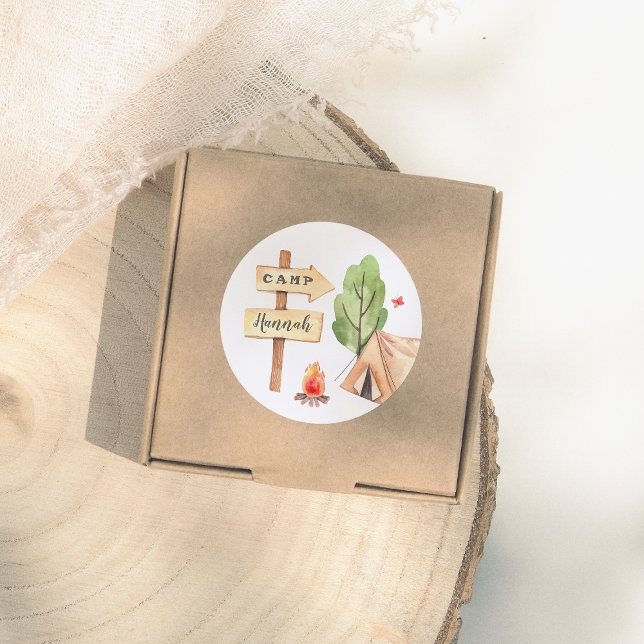 Pegatina Redonda Watercolor Summer Camping Girls Birthday Party (Subido por el creador)