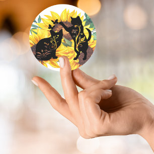 Pegatina Redonda Watercolor Sunflower Bouquet Cat Floral Silhouette