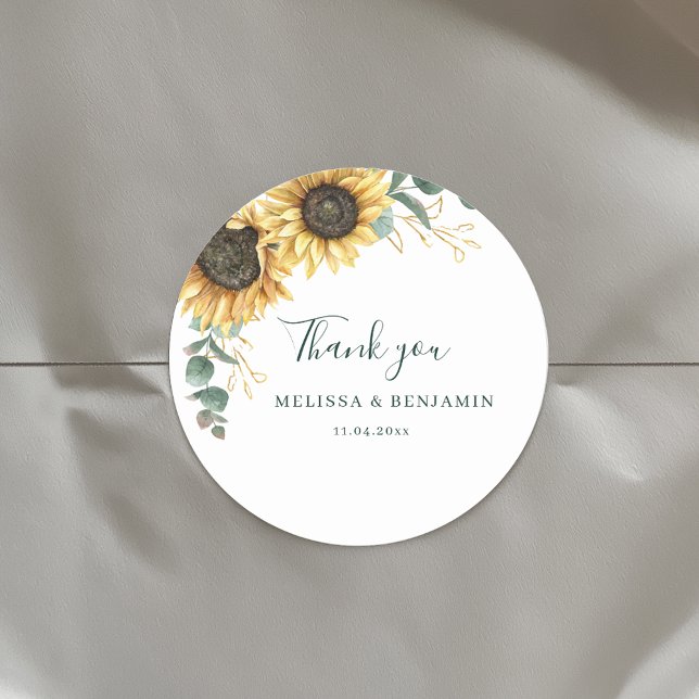 Pegatina Redonda Watercolor Sunflower Eucalyptus Gracias (Floral Sunflower Eucalyptus Elegant Script Wedding Envelope Seals Round Sticker)