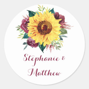 Pegatina Redonda Watercolor Sunflower Floral Boda