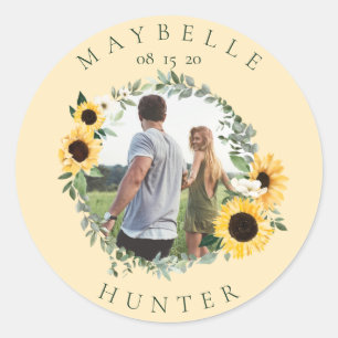 Pegatina Redonda Watercolor Sunflower Photo Wreath Save The Dates